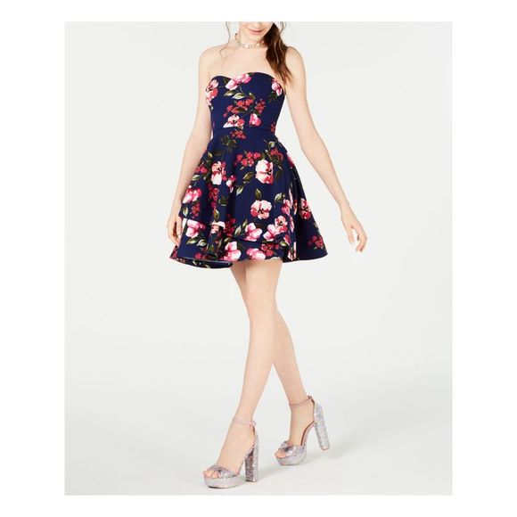 B DARLIN Womens Navy Blush Floral Mini Party Fit + Flare Dress Juniors 3\4 - Picture 3 of 4